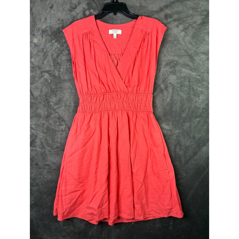 Banana Republic Coral Pink Linen Blend Smocked Waist V-Neck Sleeveless Dress S
